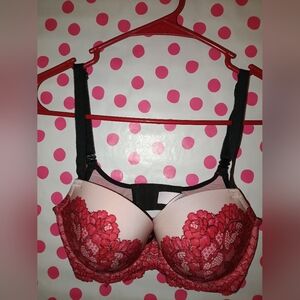 Victoria Secret Dream Angels Lined Demi Pink/Red Lace Bra 32DD 🩷 ♥️